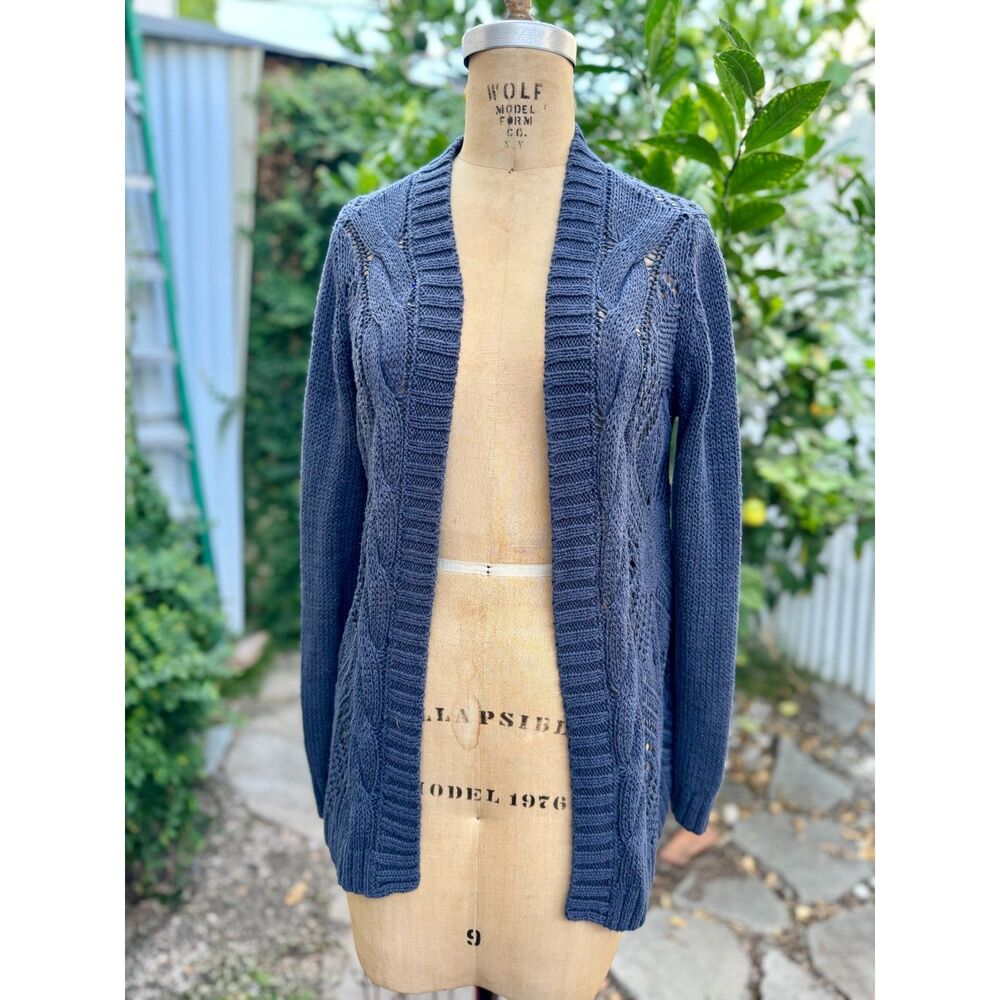 Garnet Hill Pointelle Blue Linen Cotton Navy Open Front LS Cardigan Sweater SZ S